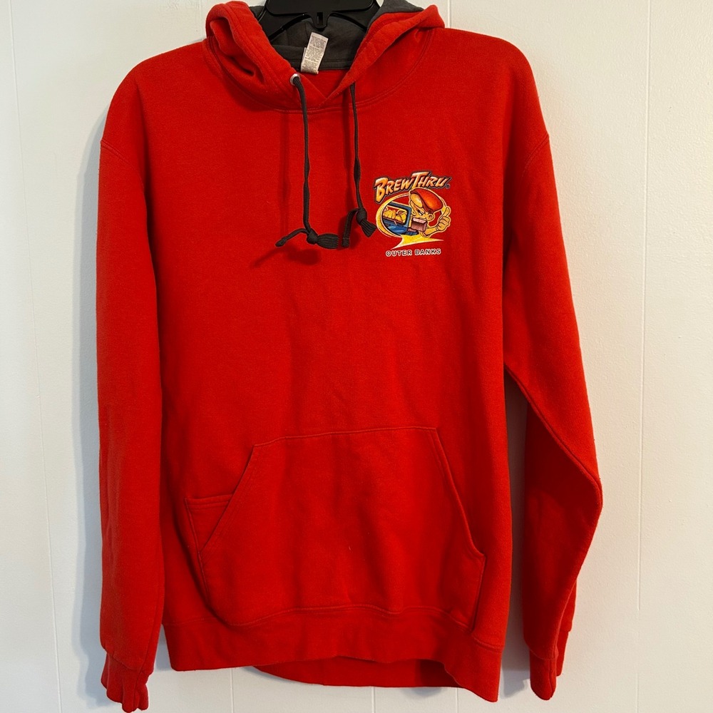Fruit of the Loom Brew Thru Outer Banks Red Hoodie Mens Medium 2021 OBX Graphic